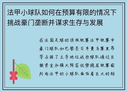 法甲小球队如何在预算有限的情况下挑战豪门垄断并谋求生存与发展