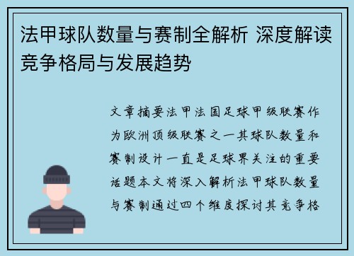 法甲球队数量与赛制全解析 深度解读竞争格局与发展趋势