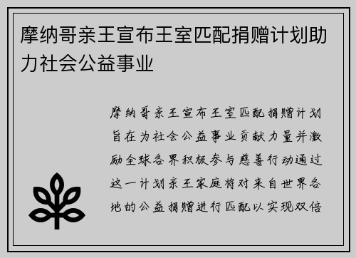 摩纳哥亲王宣布王室匹配捐赠计划助力社会公益事业