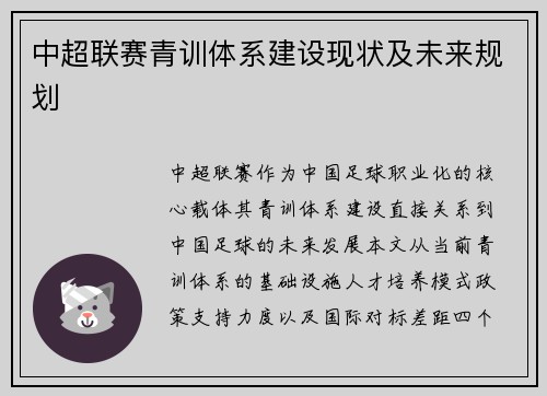 中超联赛青训体系建设现状及未来规划